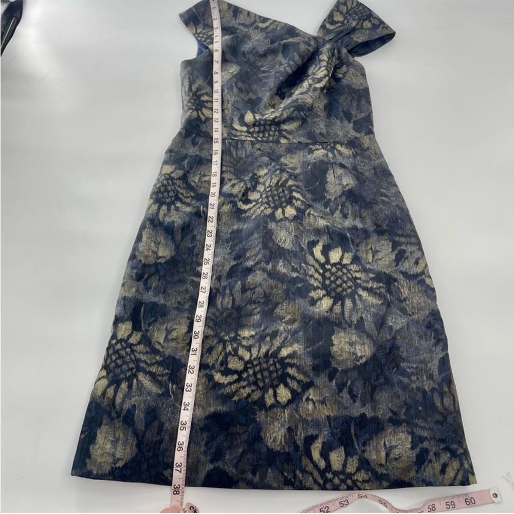 Teri Jon by Rickie Freeman Metallic Navy Blue and Gold Floral Sleeveless Dress 4 - Picture 3 of 7